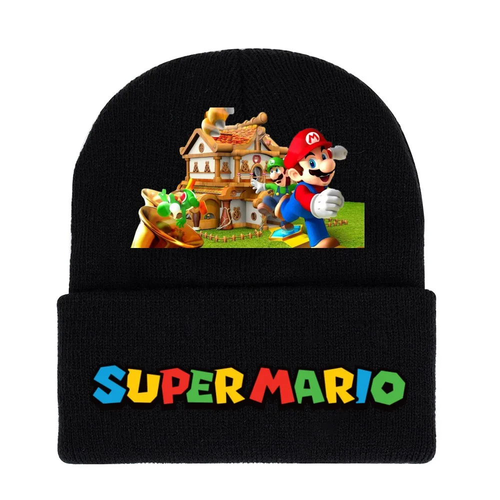 

Детская трикотажная шапка Super Mario с героями мультфильмов, шапка для учеников из аниме, черная шерстяная шапка для защиты ушей, теплая шапка для осени и зимы