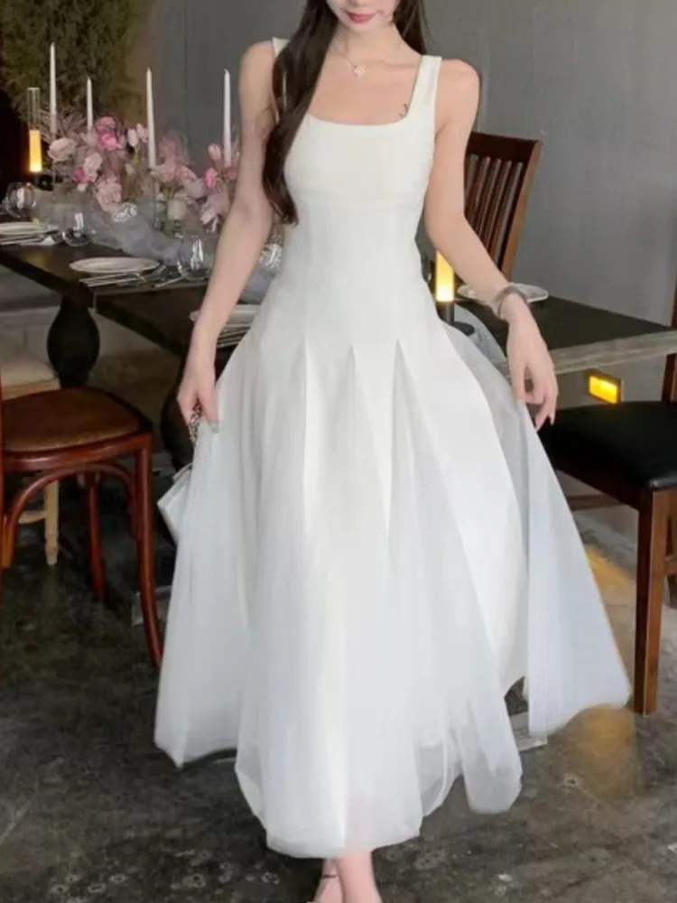 

French Solid White Lace Women Summer Beach Party Dress Casual Chic Sleeveless Slim Waist Eve Banquet Robe Lady Modern Clothes