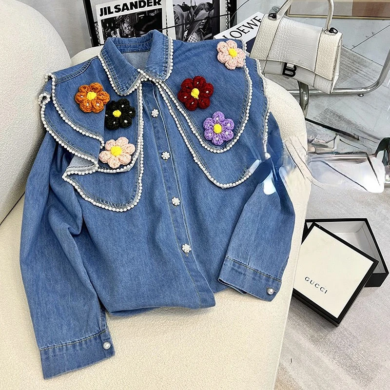 

2023 Women Spring Autumn New Peter Pan Collar Demin Blouses Female Causal Jeans Shirts Ladies Flower Loose Cowboy Shirts K83