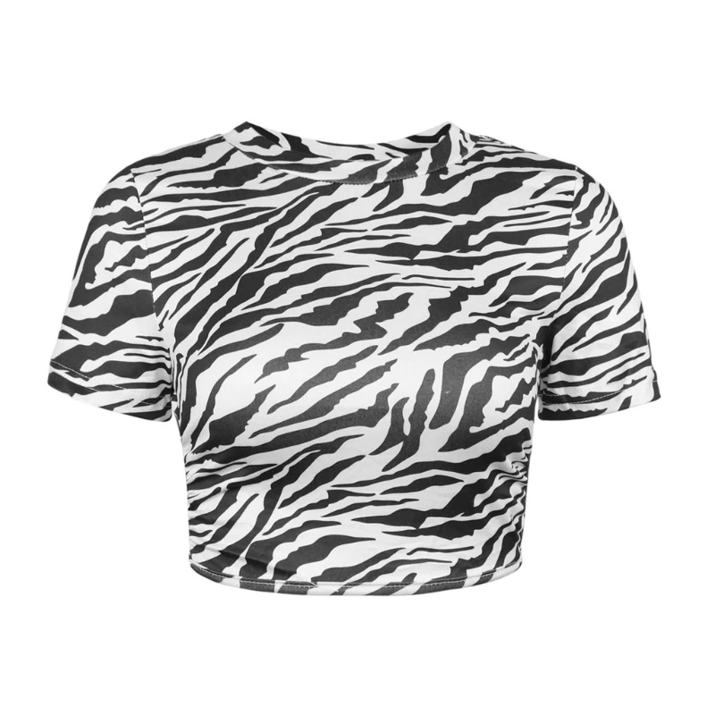 

Women Round Neck Backless Tie Back Crop Top Short Sleeve Striped Bodycon T-Shirt