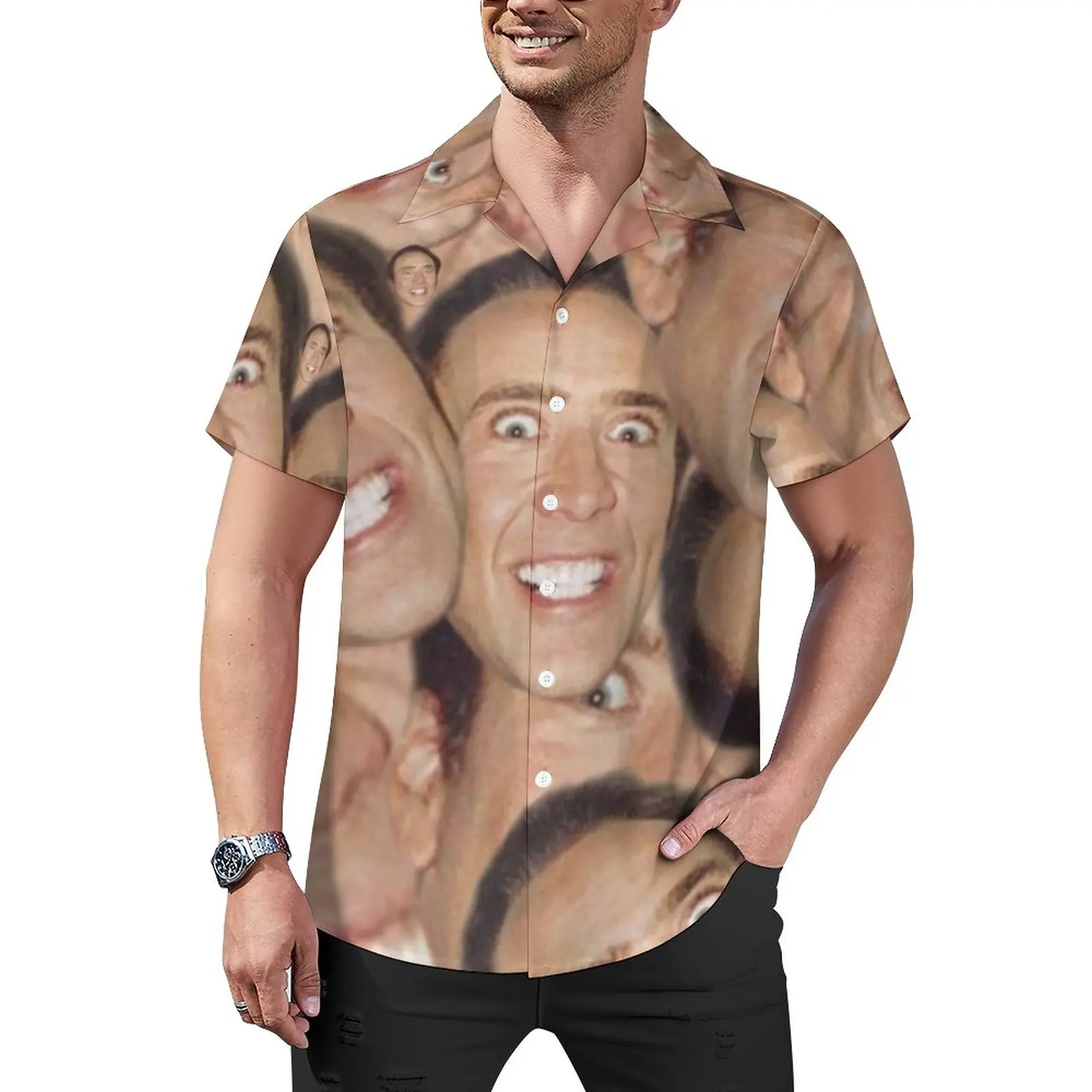 

Nicolas Cage Meme Vacation Shirt Funny Face Collage Hawaiian Casual Shirts Male Novelty Blouses Short Sleeve Clothes Large Size