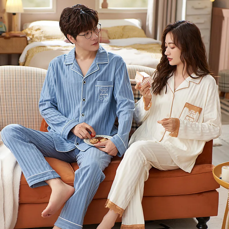 Couple Matching Pajamas Spring and Autumn Models Cardigan Long-sleeved Large Size Turn-down Collar Can Be Worn Outside Sleepwear