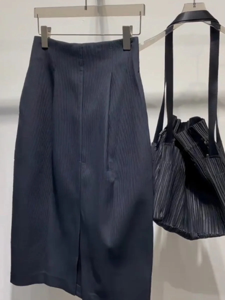 Plus Size Recommended Goods No D Recommend! Chao High end Korean Series Navy Blue High Waist Slimming Design Sense Pleat Spli...