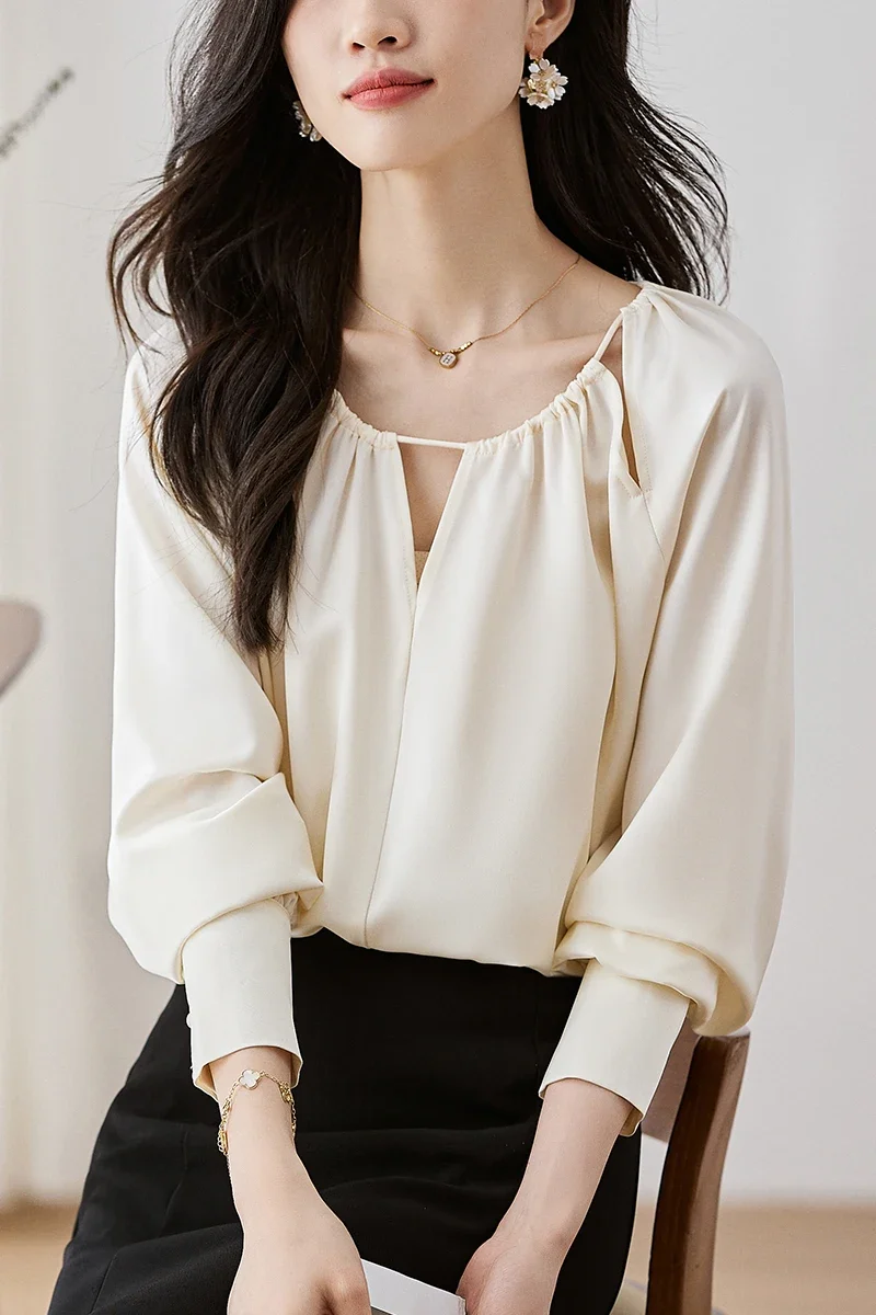 

2023 Spring Women Shirt French Draping Silky Blouse Stylish Delicate Touch Unique High-end Silk Women Tops Camisas Elegant Youth