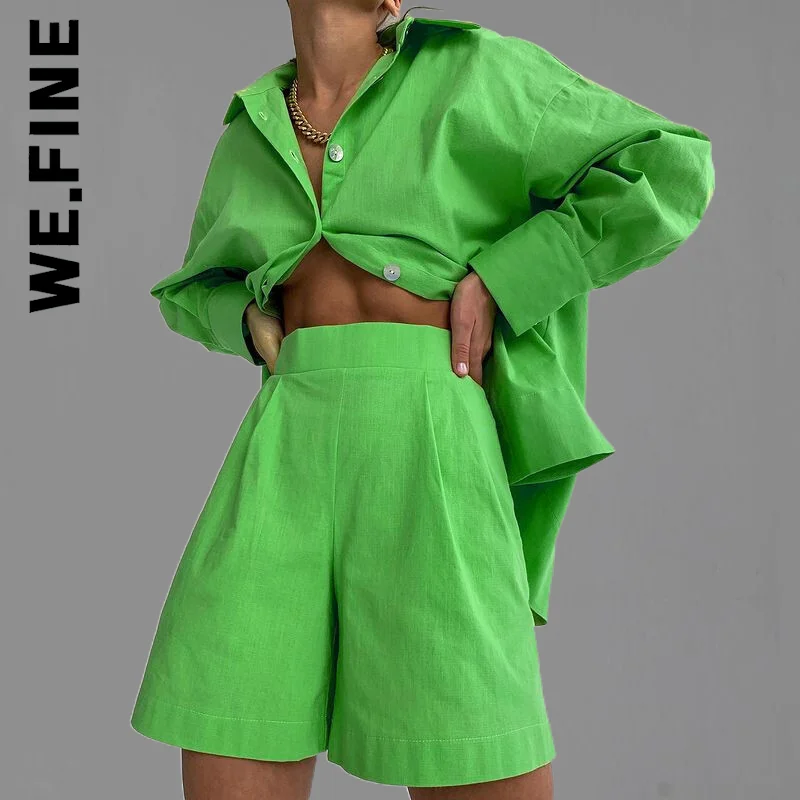 

We.Fine Casual Women Short Set Tracksuit Loungewear Two Piece Women Outfits Long Shirt And High Waist Shorts Green