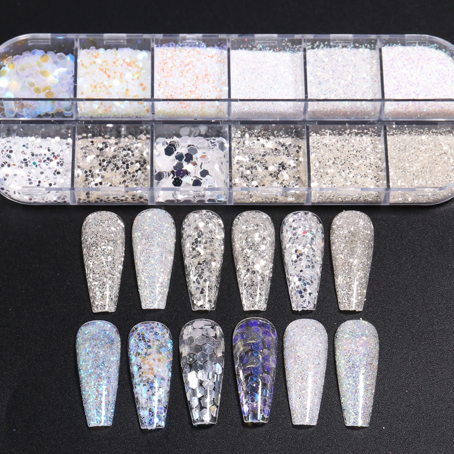 Голографические серебристо-белые блестящие порошки для дизайна ногтей Алмазные