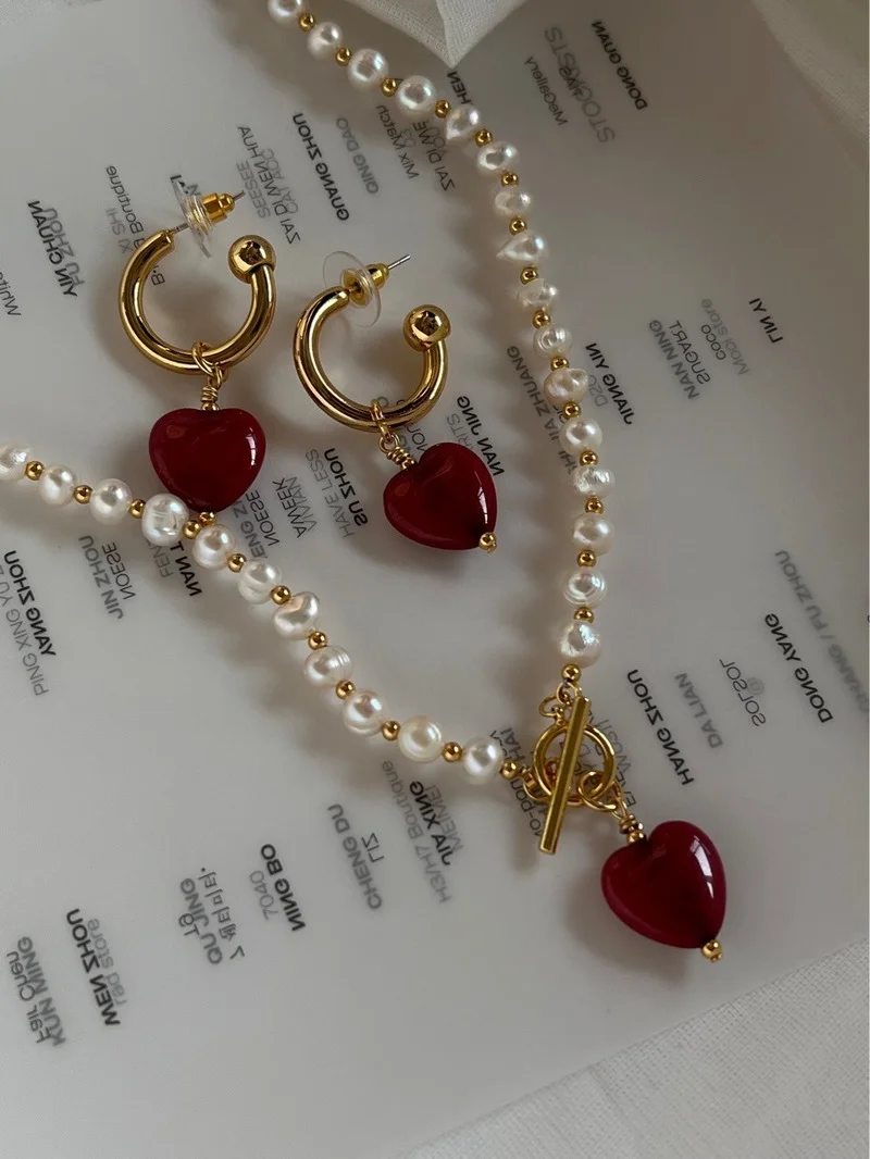 

Freshwater Pearl Natural Stone Red Heart Pendant Necklace Earrings Valentine's Day Gift Fashion Trend