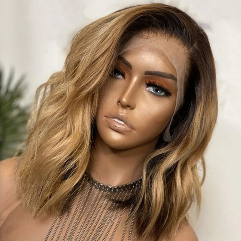1B27 Ombre Blonde Body Wave Short Bob Human Hair Wig Pre Plucked 13x4 HD Lace Front Wig For Women Baby Hair Glueless Wig