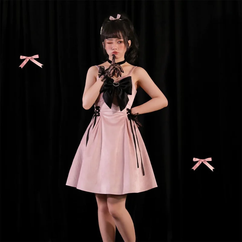 

HOUZHOU Pink Lolita Dress Kawaii Bow Bandage Slip Dresses Women Goth Black Sexy Sleeveless Y2k Female Robe Sweet Cosplay Outfit