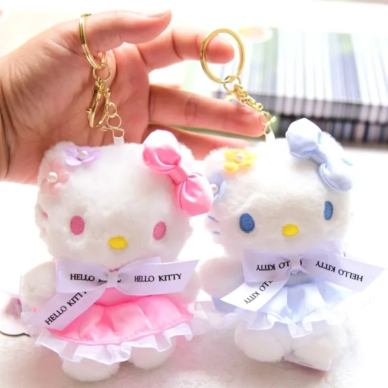 

12cm Kawaii Sanrio Plush Keychain Doll Hello Kitty Melody Kuromi Cinnamoroll Cartoon Animal Stuffed Pendant Backpack Decoration