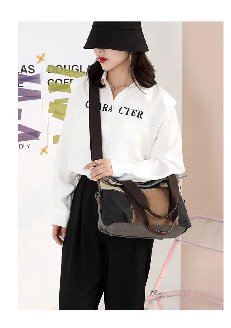 Fashion Stitching Contrast Tote Bags Casual Commuter Crossbody Large Capacity Handbag  Women's Canvas Luxury Retro Shoulder Bag