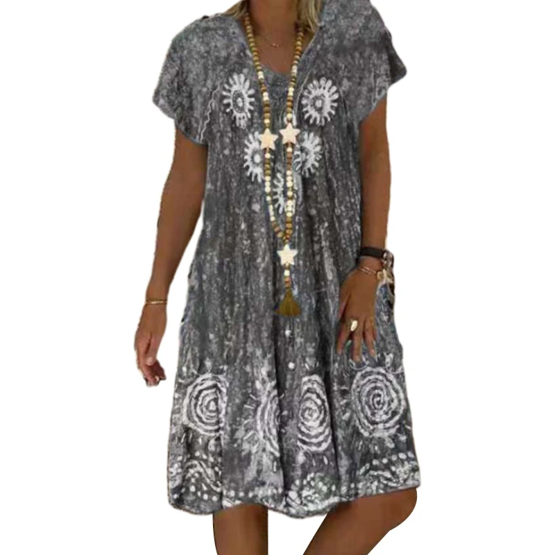 

Женское Свободное длинное платье средней длины с цветочным принтом и V-образным вырезом