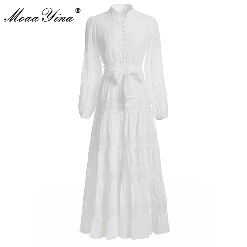 

MoaaYina модное подиумное платье осеннее женское платье с воротником-стойкой однобортное открытое белое повседневное элегантное платье с поясом