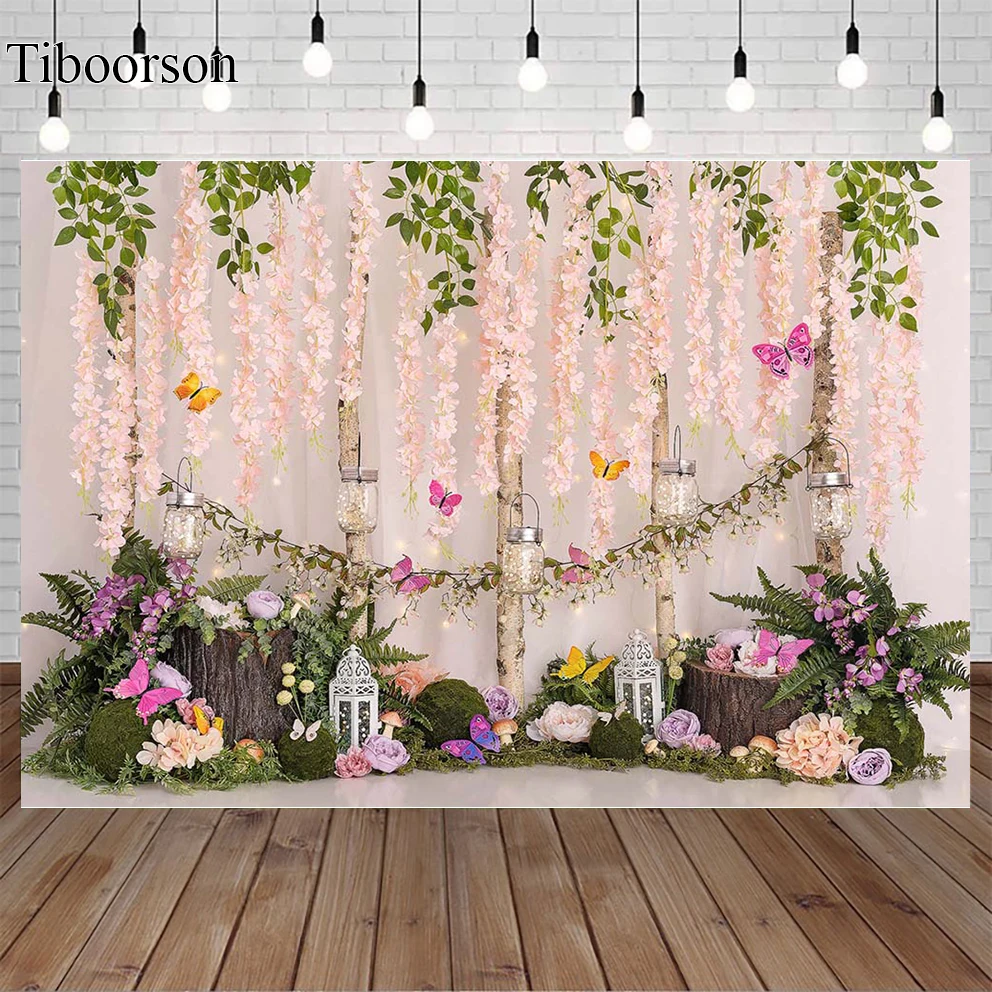 

Фон для фотосъемки с изображением сказочного леса фиолетовые бабочки цветы девочка торт на 1-й День рождения разбиваемый Фотофон для фотост...