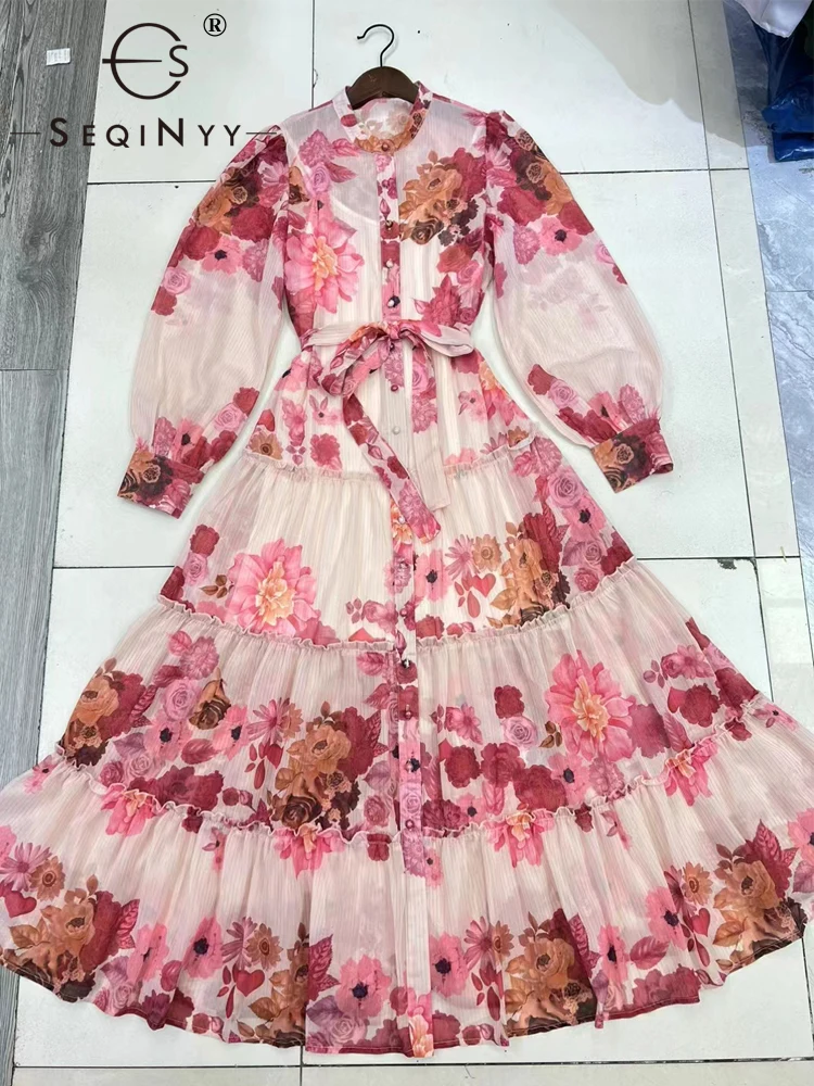 

Женское Повседневное платье-миди SEQINYY, модельное винтажное платье в стиле High Street с розовым цветочным принтом для отдыха, новинка весны-лета