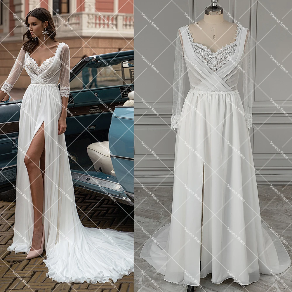 

Boho 3/4 Dotted Tulle Wedding Dress Rustic Sexy Backless V Neck Beach Real Photos Brush Train High Slit Lace Bridal Gowns