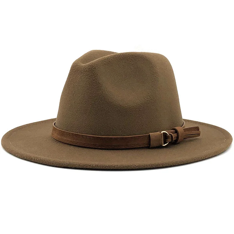 

Solid Color Fedora Hats with Brown Belt Elegant Women Party Church Top Hat Men Wide Brim Jazz Panama Felt Cap Sombreros De Mujer