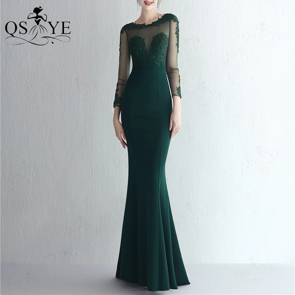 

Long Sleeves Green Prom Dresses 2022 Elastic Mermaid Long Empire Dress Woman Appliques Lace Formal Party Gown Evening Emerald