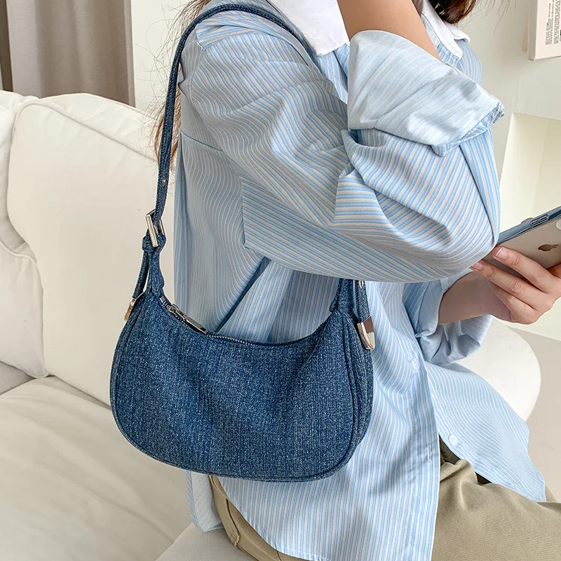 Simple Denim Blue Hobo Bag for Women Adjustable Strap Ladies Underarm Bag Small Half Moon Shoulder Handbag Summer New Feminina