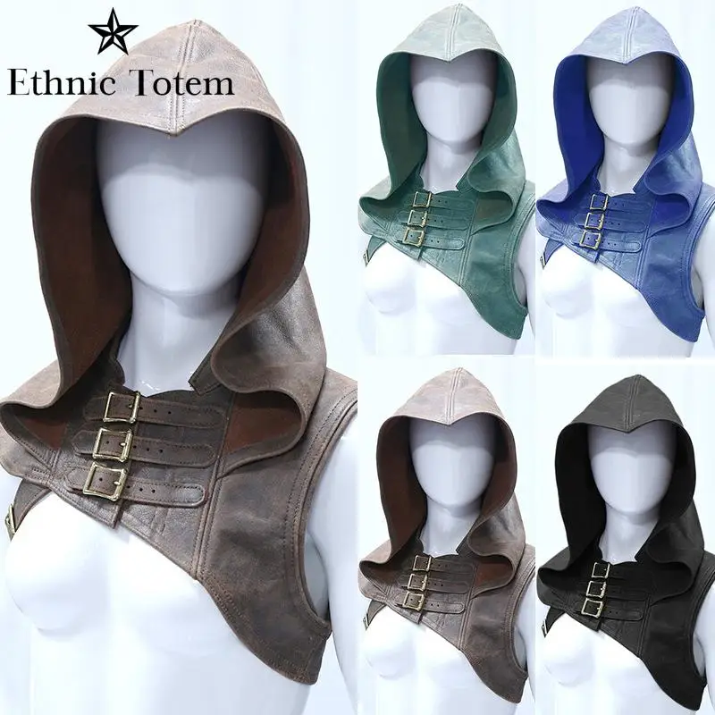 

Retro Medieval Pirate Hooded Cape Steampunk Goth Cloak Viking Knight Cosplay Leather Short Style Cape for Halloween Party