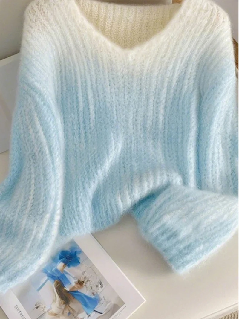 Женский трикотажный пуловер Bomon свободный синий свитер с V-образным вырезом и