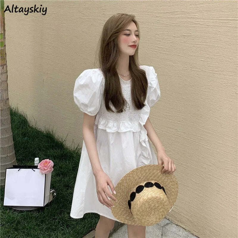 

Dress Women Summer Flounced Edge Korean Style Simple All-match Leisure Fashion Female Students Ulzzang Chic Streetwear Lovely
