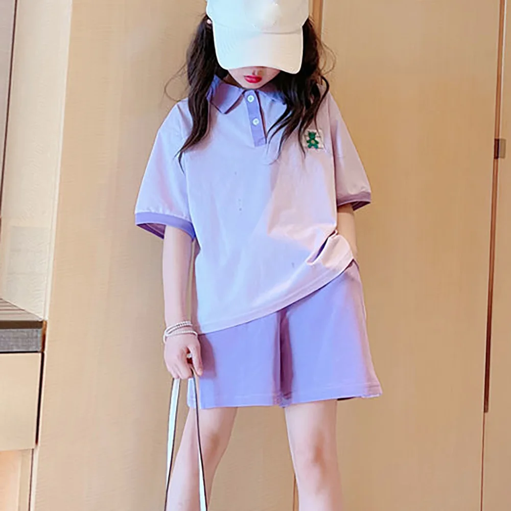 

Summer Girls Tracksuits Casual Style Children Spost Clothing Sets Polo Collar T-shirts and Short Pants 2pcs Loose Clothes
