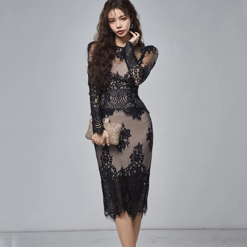 

Облегающее сексуальное прозрачное кружевное ажурное платье с длинным рукавом, женские летние модные женские платья 2023 с круглым вырезом, костюм из двух предметов, женское платье