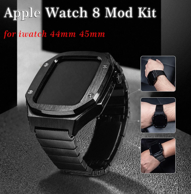 

Модифицированный комплект для Apple Watch Band 8 7 45 мм, роскошный металлический чехол, Безель, ремешок для iwatch 6 se 5 44 мм, кожаный ремешок для часов