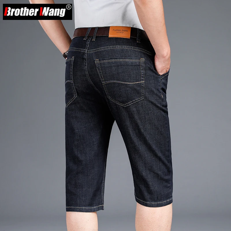 

Классические летние мужские тонкие Стрейчевые короткие джинсы, деловые модные хлопковые прямые джинсовые шорты, Мужская брендовая одежда черного и синего цвета