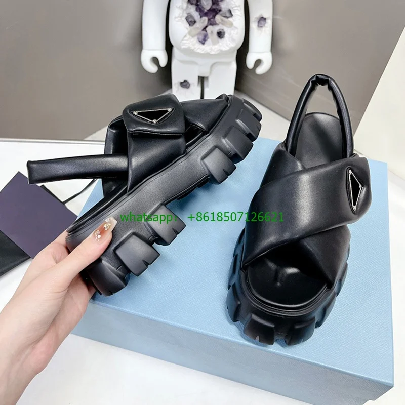 2023 New Black Cross Gear Thick-Soled Bread Sandals With Round Toe And Fingerless Women's Shoes
