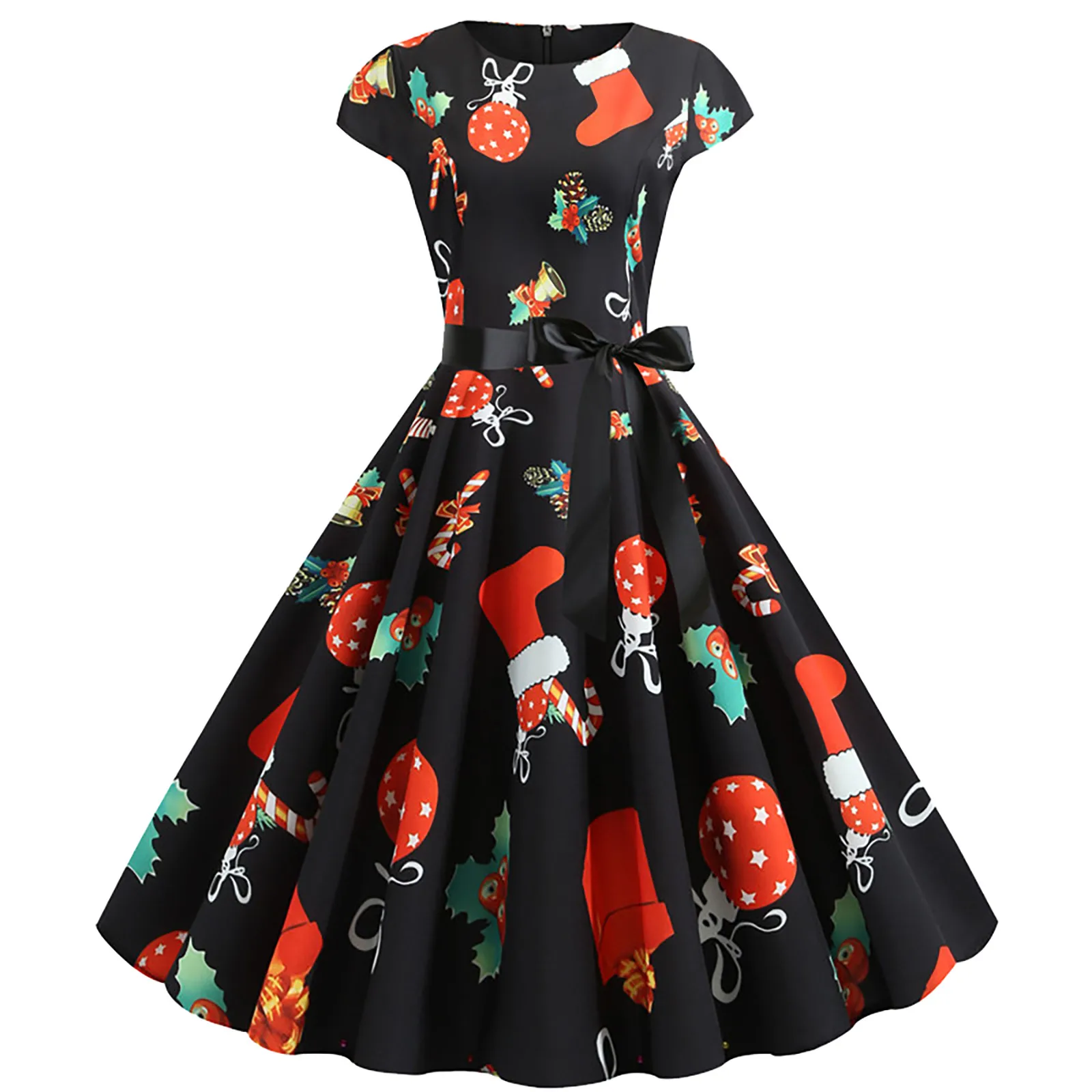 

Women'S Fashion Christmas Dress Vintage Round Neck Print Short Sleeve Hem Dress Christmas Decorative Print Vestidos Mulheres