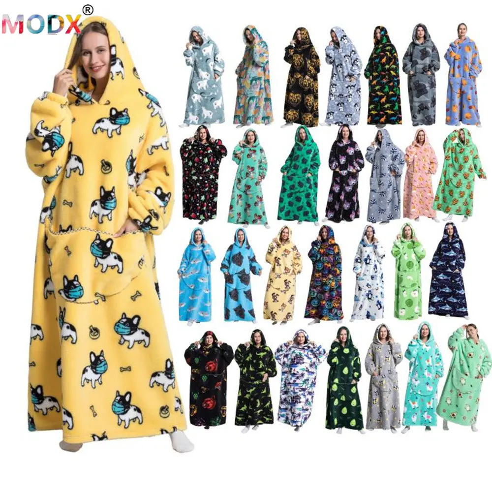 

Lamb Fleece Long Sleepshirts Women House Outdoor Maxi Dresses Warm Casual Print Nightgowns Cute Thick Hooded Lady Sleepwear 8740