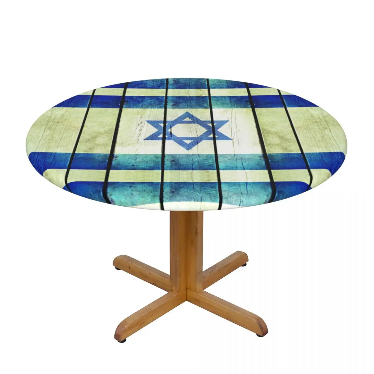 

Fitted Round Tablecloth Protector Soft Table Cover Israel Wooden Grunge Flag Anti-Scald Plate Kitchen Tablemat