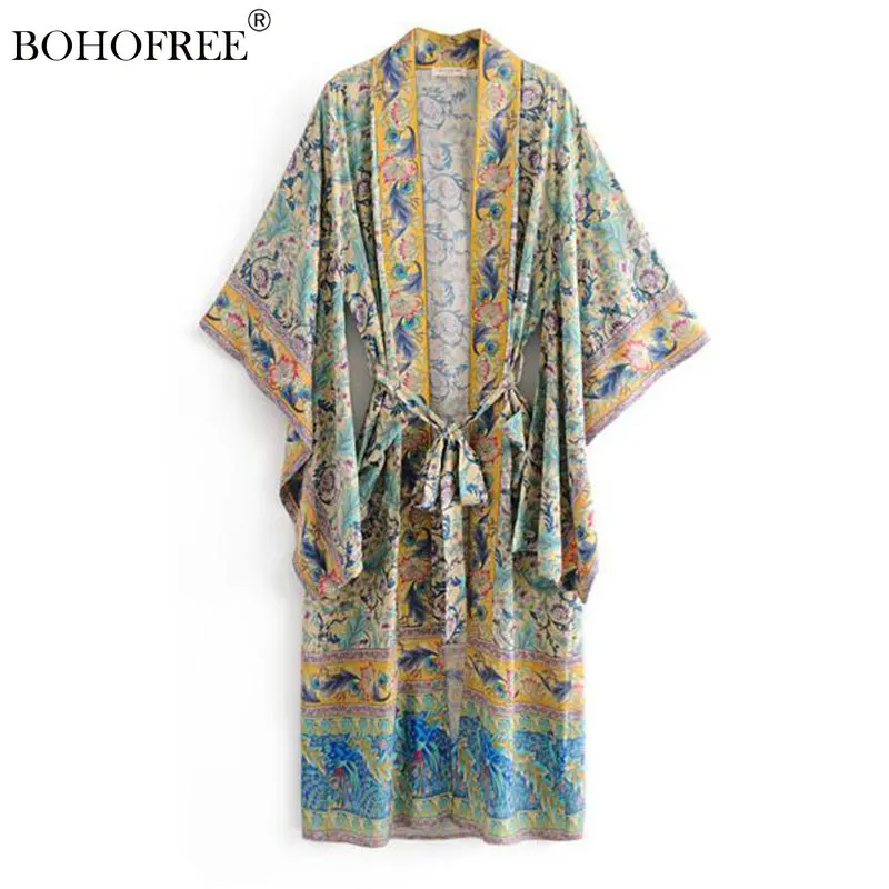 

Gypsy Style Rayon Cotton Long Kimono Batwing Sleeve Boho Print Inspiration Shrug Casual Women Vestidos Hippie Maxi Dress