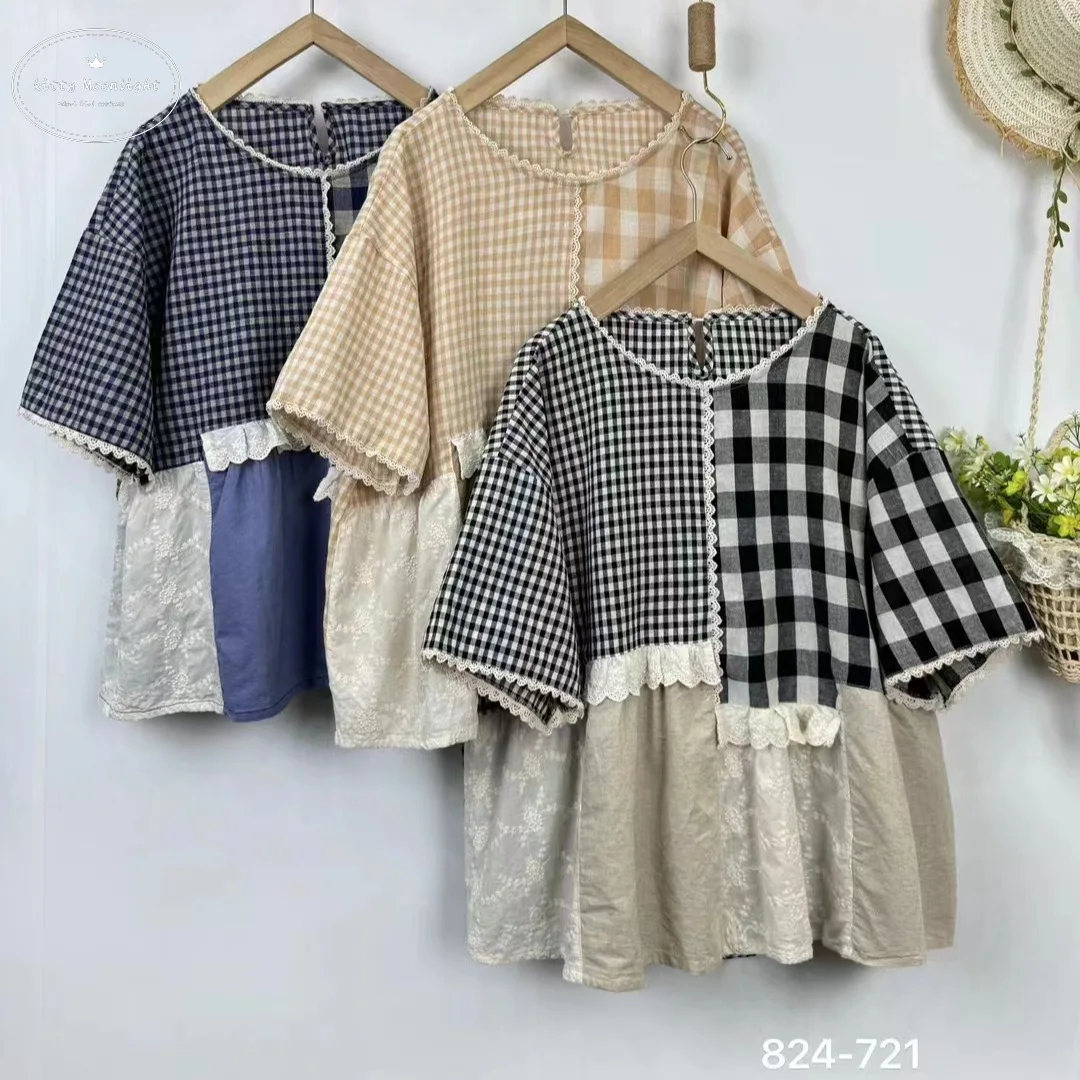 Женская винтажная клетчатая рубашка в стиле пэчворк с вышивкой и кружевом новая