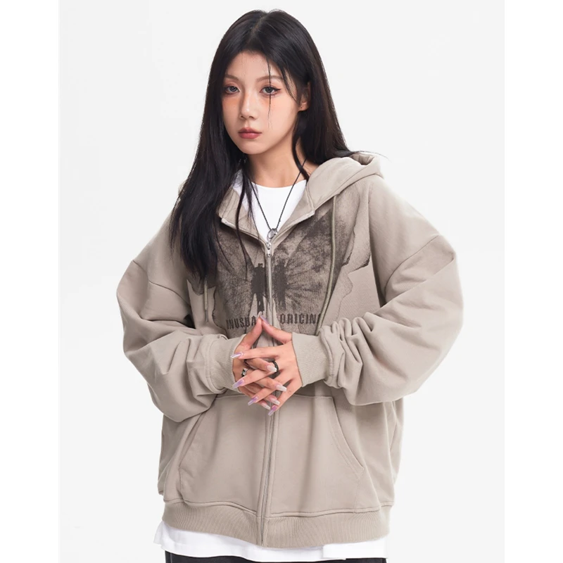 

Women Apricot Outerwear Hooded Drawstring Sweatshirt Butterfly Print Fashion Hip Hop Vintage Leisure Thicken Winter Coat Tops