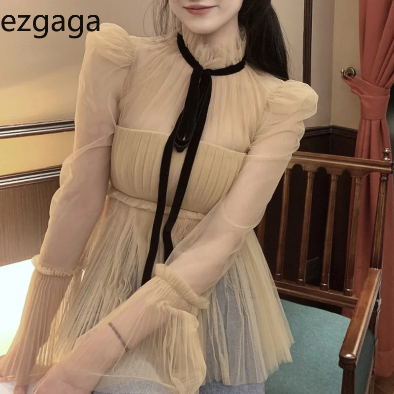 Ezgaga корейская мода сетка пэчворк бандажная блузка женская с расклешенным