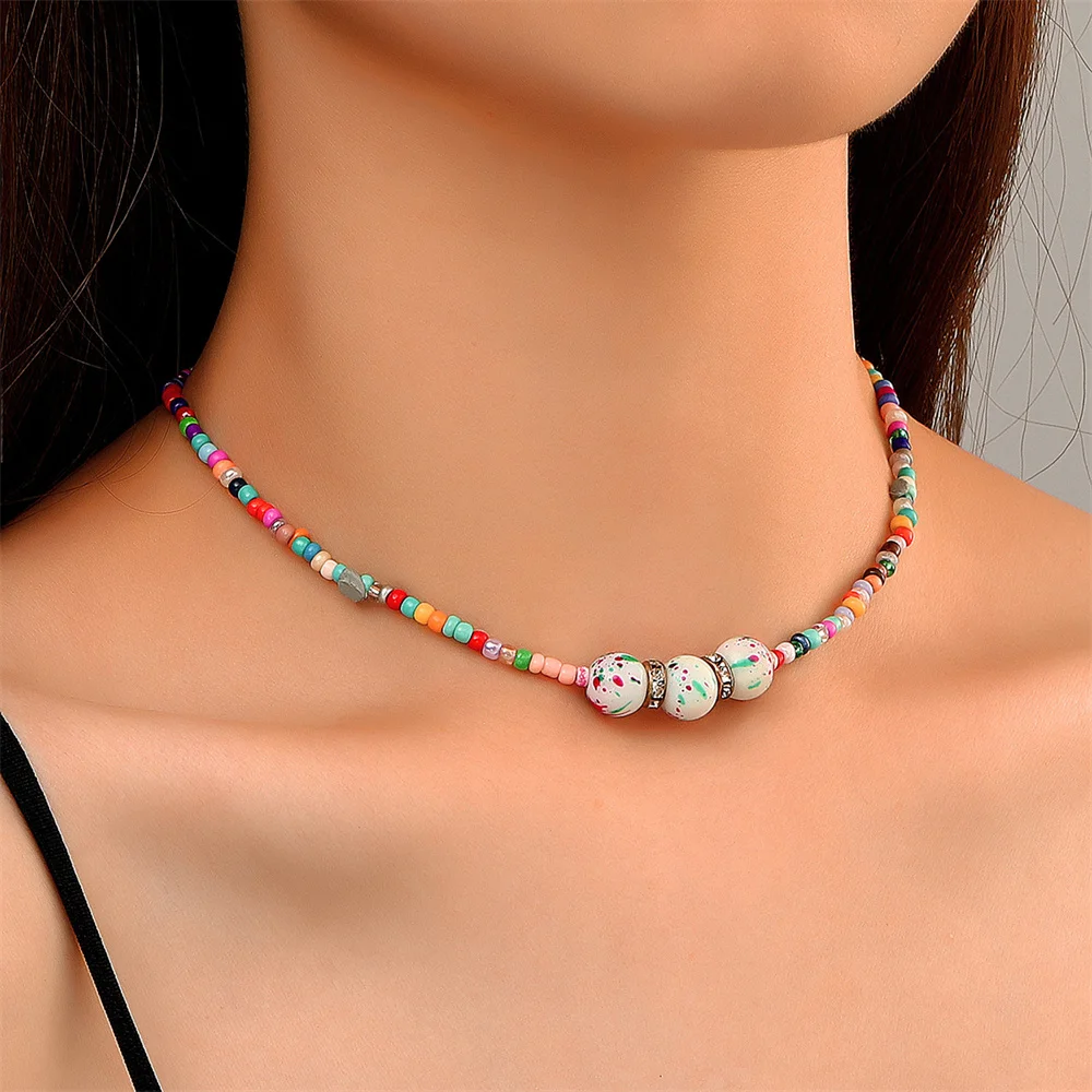 

2022 New Women Hot Jewelry Summer Boho Colorful Resin Seeds Beads Handmade Statement Short Collar Clavicle Choker Necklaces