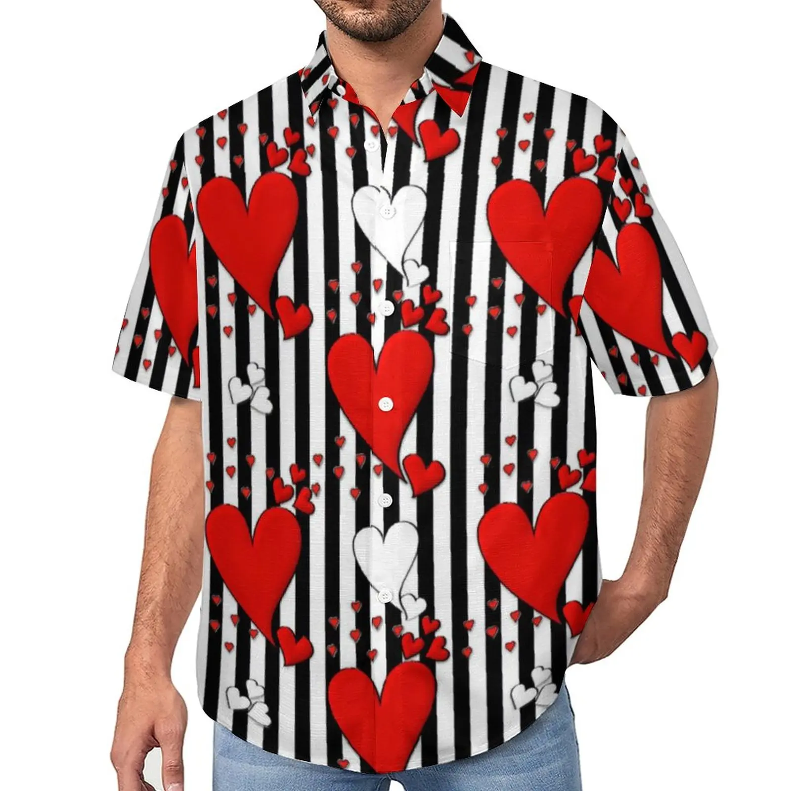 

Пляжная рубашка в черную полоску с принтом сердца на День святого Валентина, Гавайские повседневные рубашки, мужские забавные Блузы с коротким рукавом, дизайнерская одежда 3XL 4XL