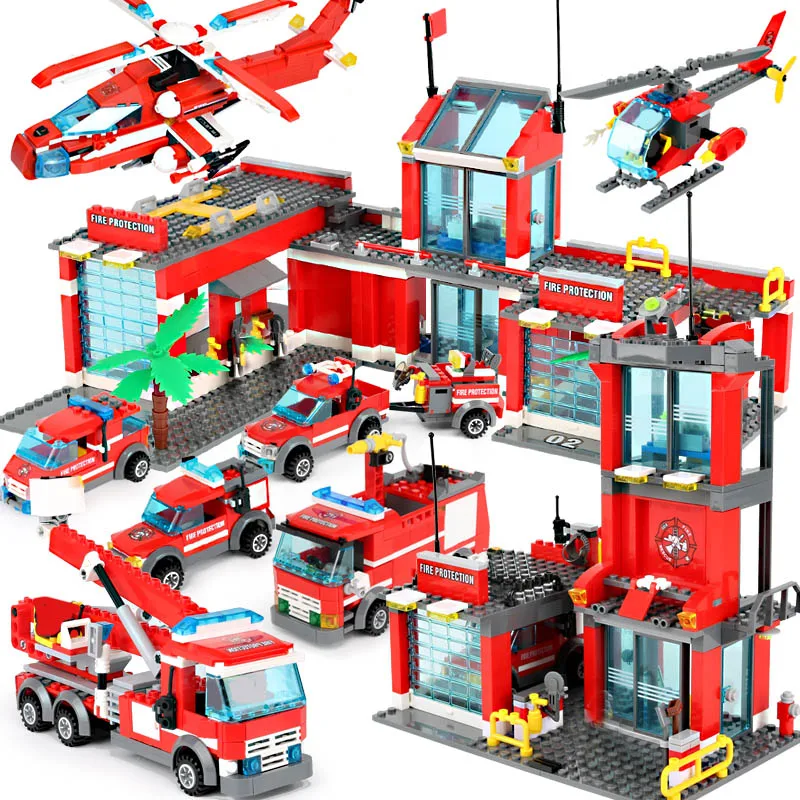 

Classic Fire Fighting Trucks Car Helicopter Boat Building Blocks City Firefighter Firemen Figures Bricks Toys for Children Gifts