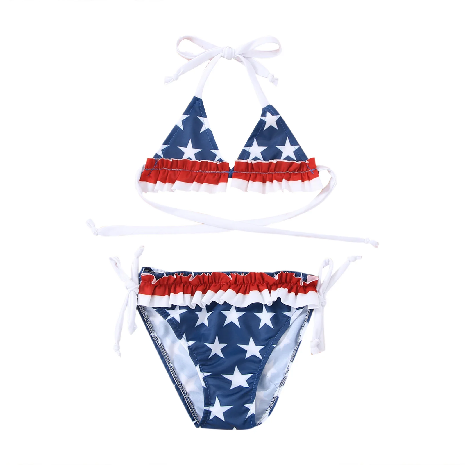 

Baby Girls 2PCS Bikini Suit Star Printed Ruffle Tie-Up Halter Bra Tops Side Strappy Triangle Pantie Summer Sweet Style Swimwear
