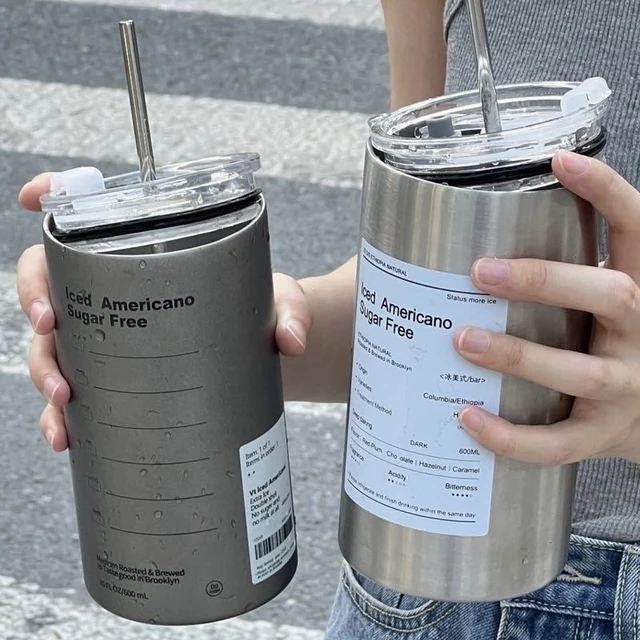 Ins Coffee Cup Thermoses Stainless Steel Water Bottle Straw Cup Ice American Coffee Mug Double-layer Vacuum Flask Couple Cup