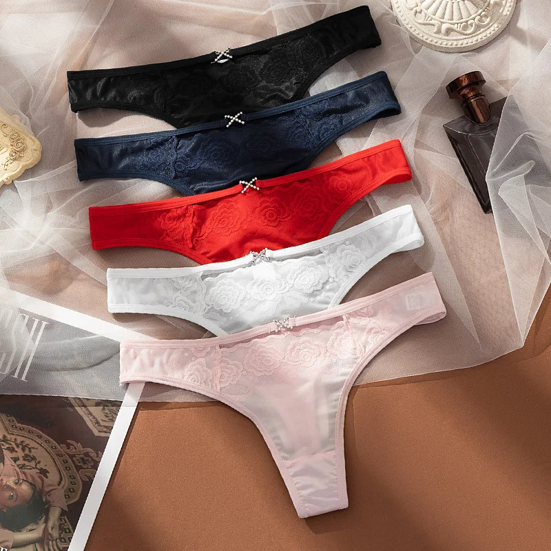 

Lace Hollow Out Sexy Thongs Rhinestone Decorate Mesh Women's Underwear Charming Transparent Panties String Seamless Briefs Tanga