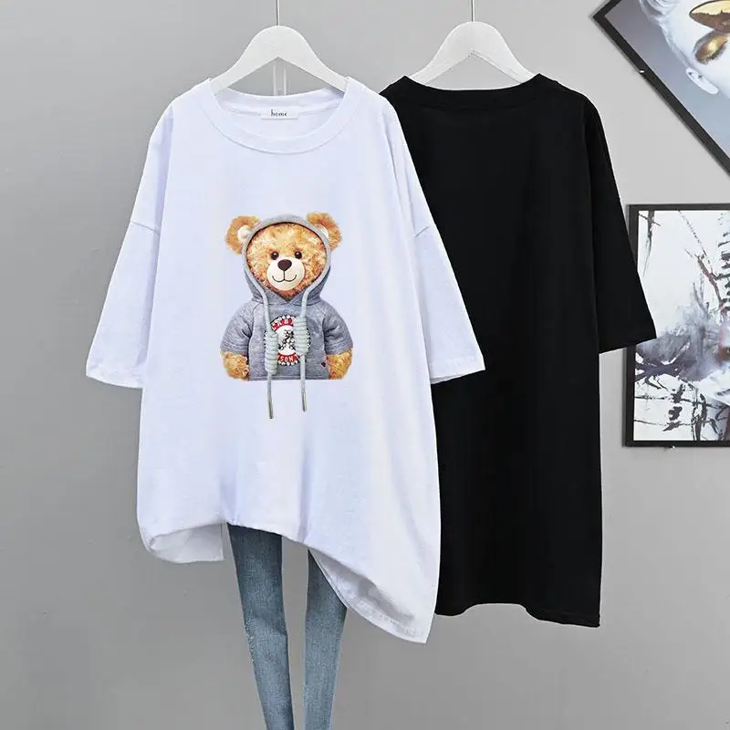 

Хлопковая футболка с медведем, женское летнее платье с коротким рукавом, Корейская версия, свободная футболка, Топ