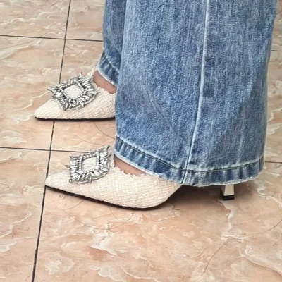 

Lace Mesh Patchwork Low Heel Pump Women's New Heels Shallow Riband Ruffle White Black Hollow Sequins Cover Sandals Pointed Shoes