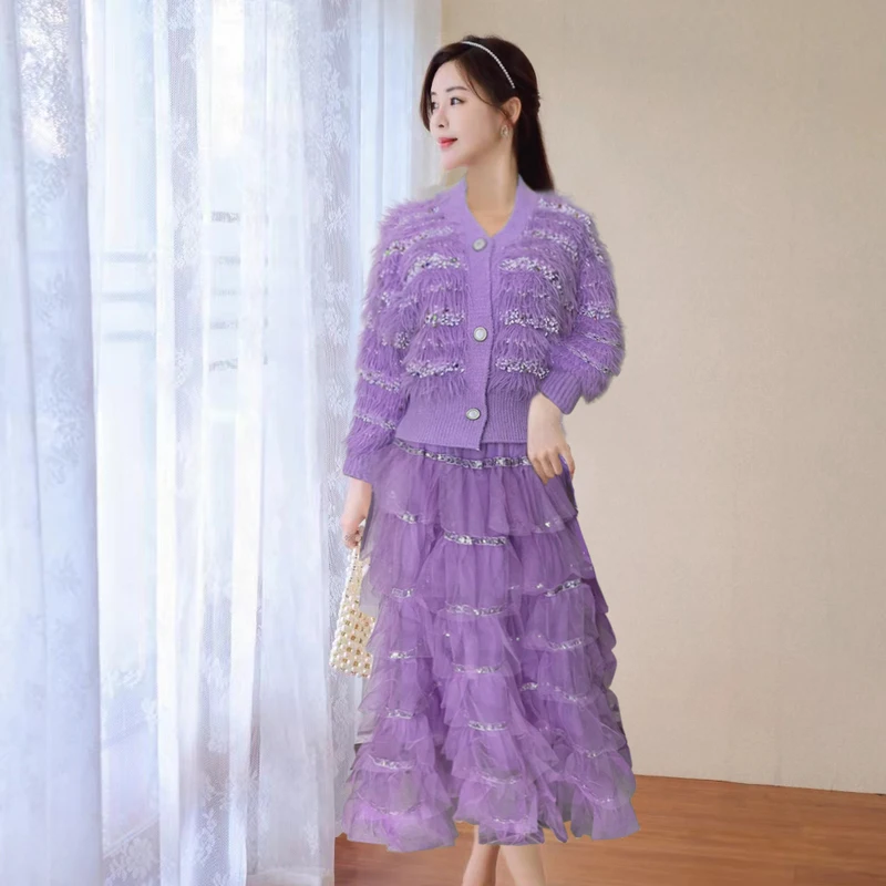 Женский комплект из 2 предметов вязаное мягкое теплое пальто меха норки с