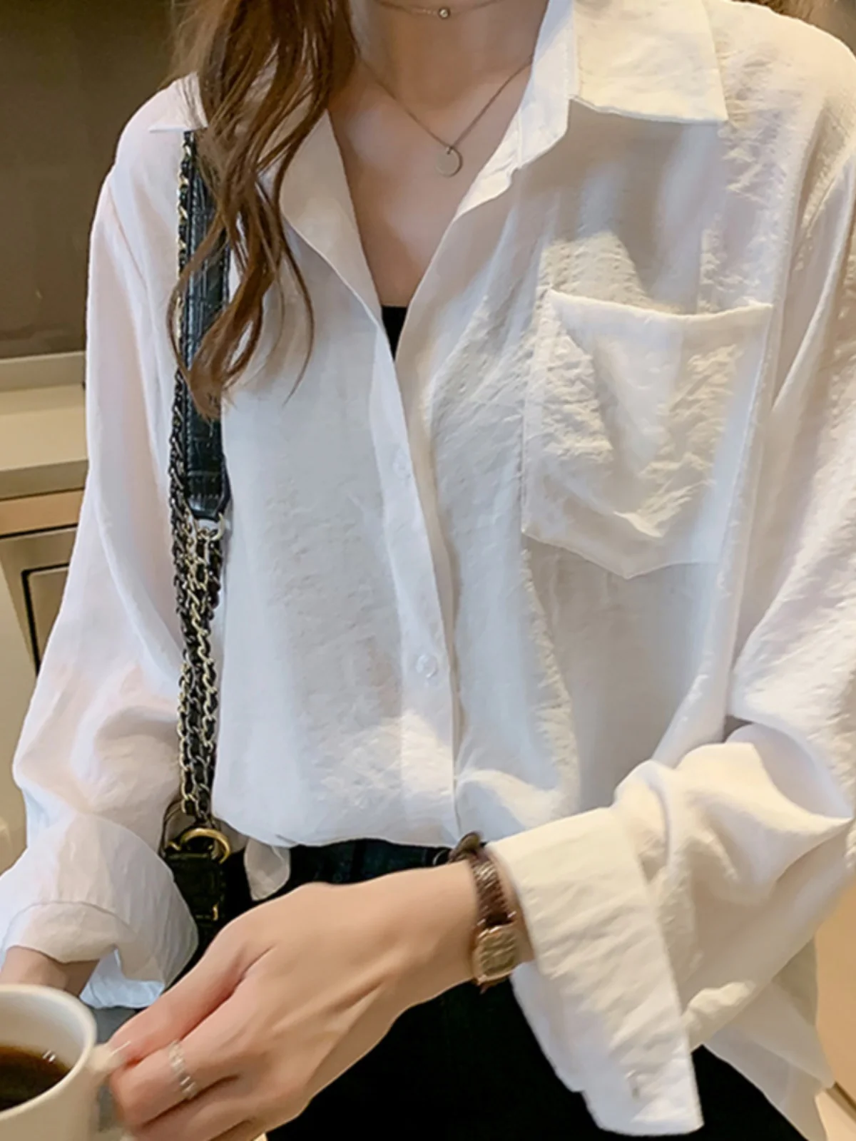 Синяя рубашка женская лето 2024 весенняя свободная большого размера с длинными