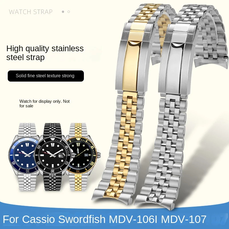 Фото Ремешок для часов из нержавеющей стали 22 мм для Casio Marlin MDV-107 MDV-106 2784, металлический браслет с изогнутым концом, высококачественный браслет со складной застежкой №1