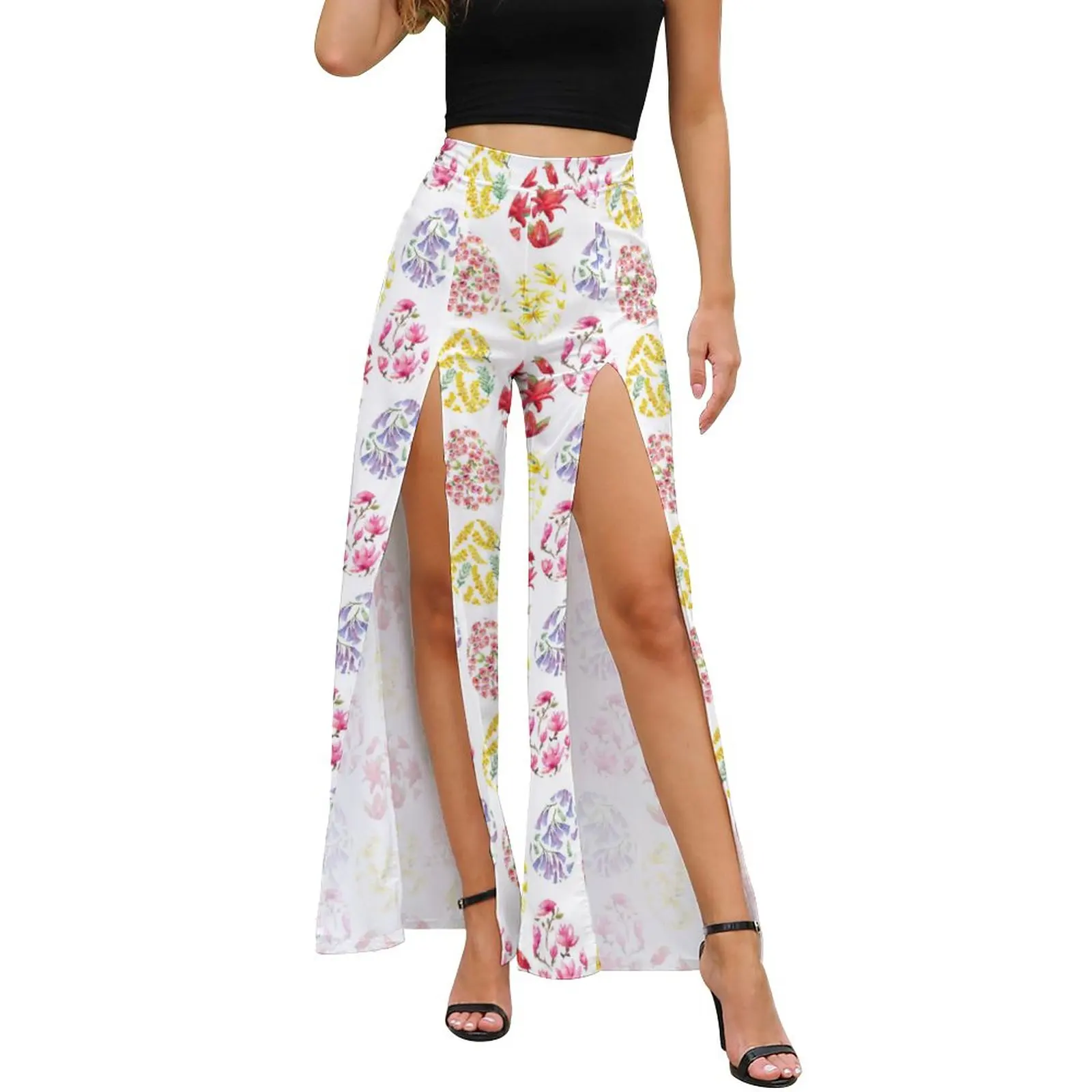 

Easter Pants High Waist Slit Flower Eggs Art Print Sexy Workout Trousers Hot Sale Summer Women Korean Fashion Graphic Wide Pants